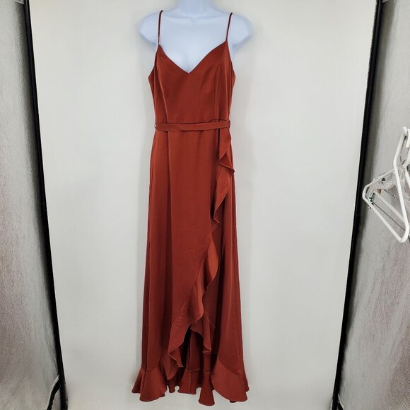 David's Bridal Cinnamon Faux Wrap Ruffley High Low Hem Maxi Bridesmaid Dress 6 - Picture 2 of 12